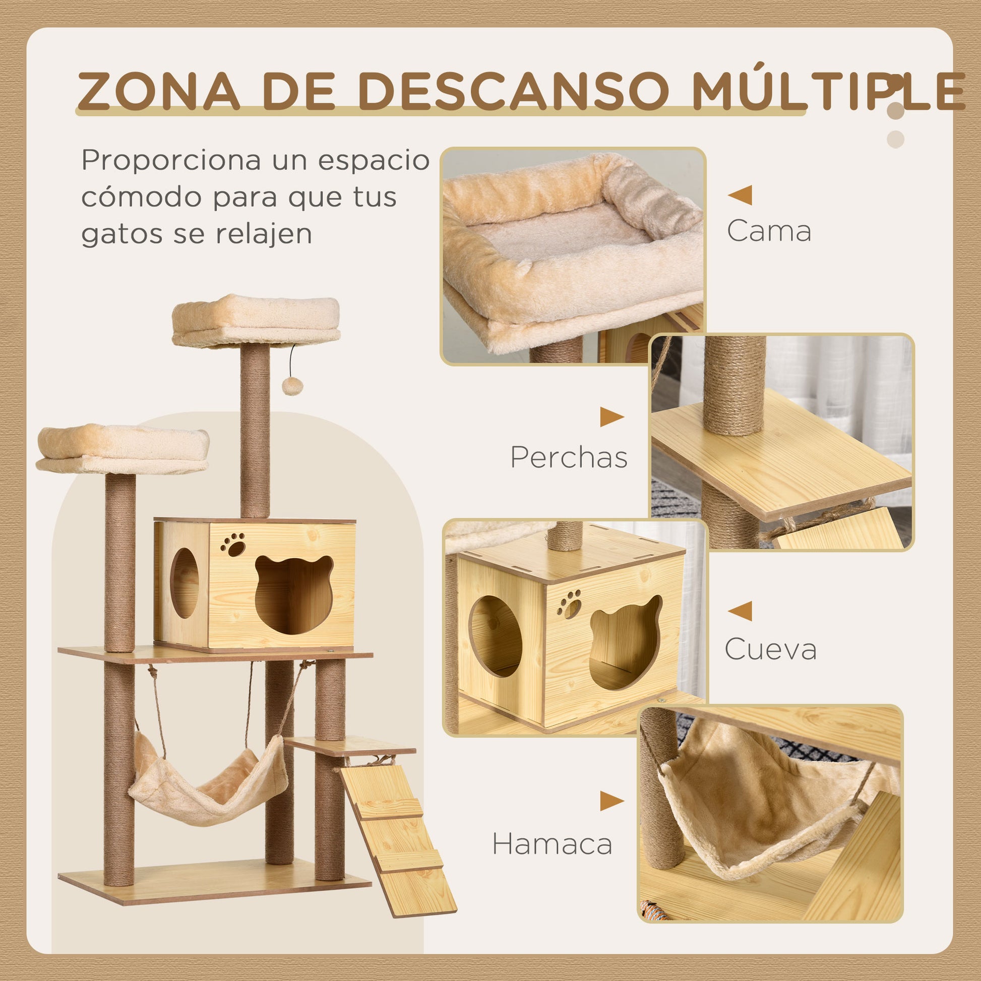 Cat Scratching Tree Height 130 cm Cat Tower with Sisal Scratching Posts 2 Beds Hammock Cave Hanging Ball and Ramp 60x40x130 cm Natural
