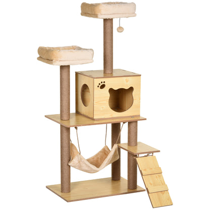 Cat Scratching Tree Height 130 cm Cat Tower with Sisal Scratching Posts 2 Beds Hammock Cave Hanging Ball and Ramp 60x40x130 cm Natural