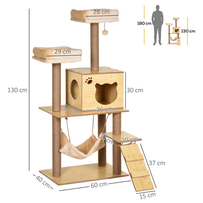 Cat Scratching Tree Height 130 cm Cat Tower with Sisal Scratching Posts 2 Beds Hammock Cave Hanging Ball and Ramp 60x40x130 cm Natural