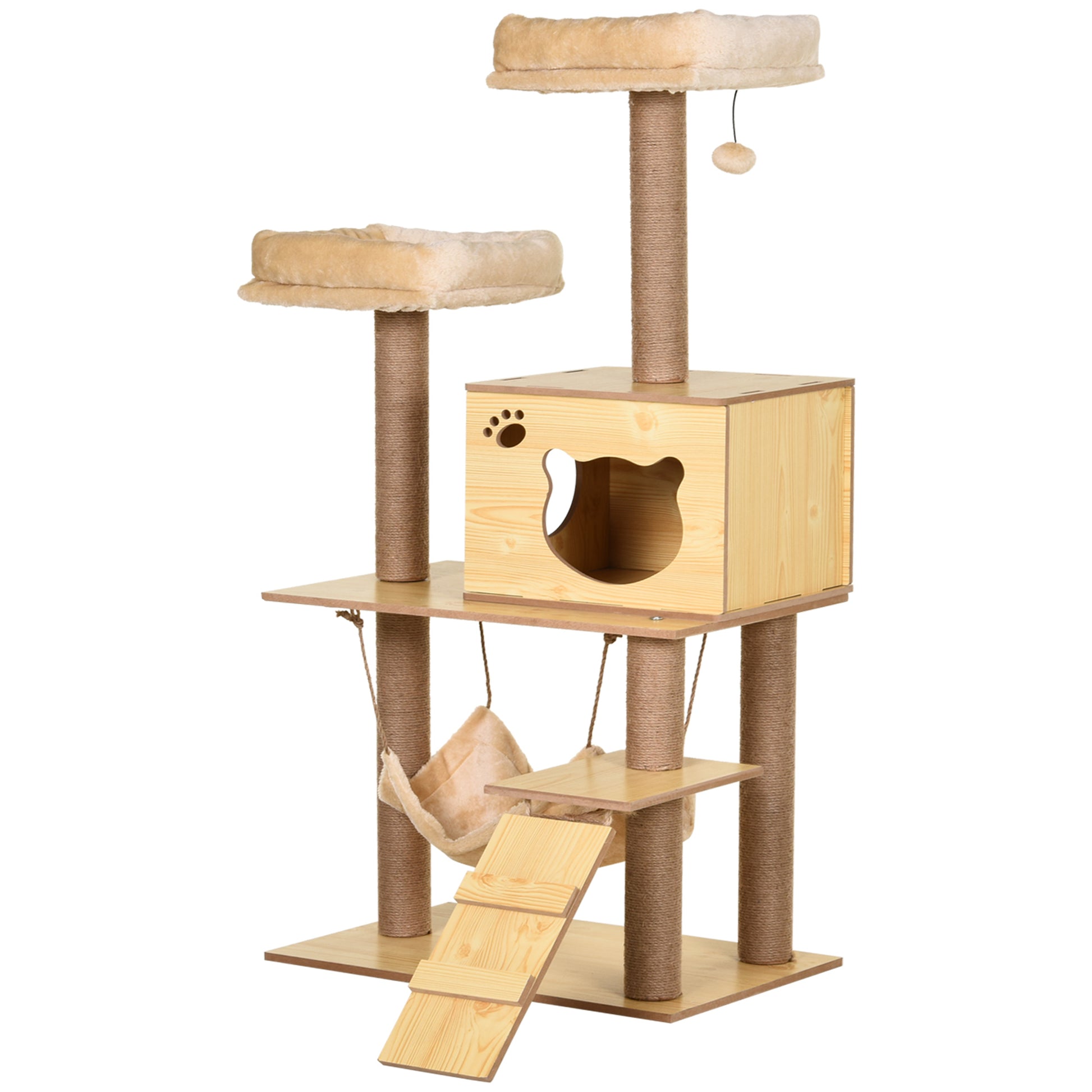 Cat Scratching Tree Height 130 cm Cat Tower with Sisal Scratching Posts 2 Beds Hammock Cave Hanging Ball and Ramp 60x40x130 cm Natural