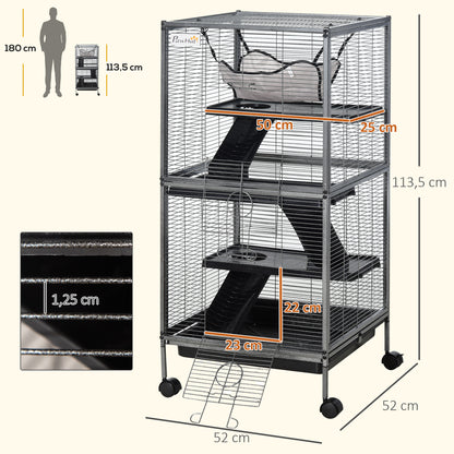 4-Level Small Animal Cage Pet Playpen with Wheels 2 Doors 3 Ramps Hanging Hammock and Removable Tray for Guinea Pigs 52x52x113.5 cm Gray Silver