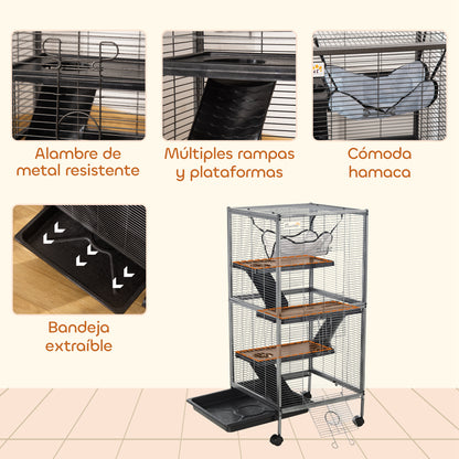 4-Level Small Animal Cage Pet Playpen with Wheels 2 Doors 3 Ramps Hanging Hammock and Removable Tray for Guinea Pigs 52x52x113.5 cm Gray Silver