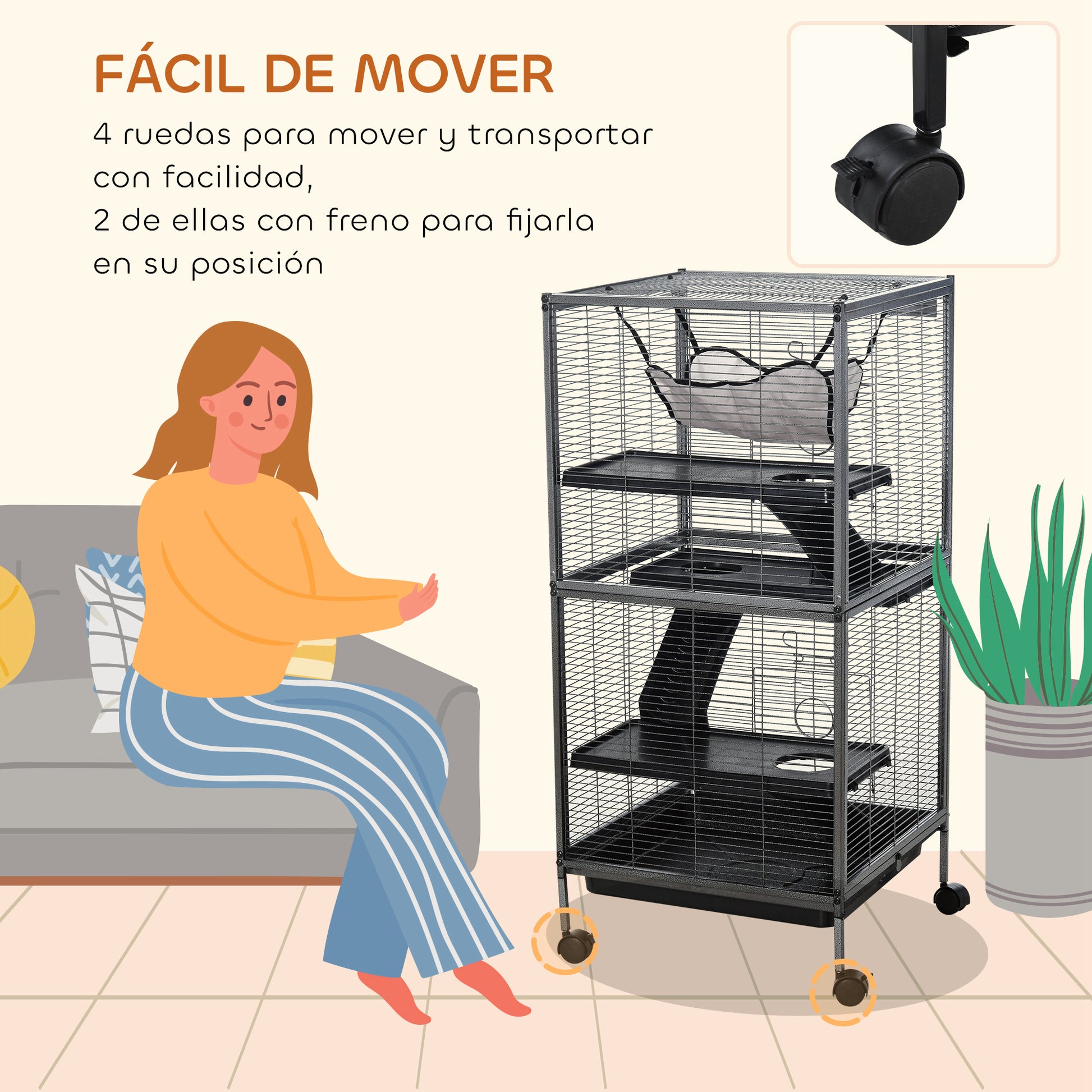 4-Level Small Animal Cage Pet Playpen with Wheels 2 Doors 3 Ramps Hanging Hammock and Removable Tray for Guinea Pigs 52x52x113.5 cm Gray Silver