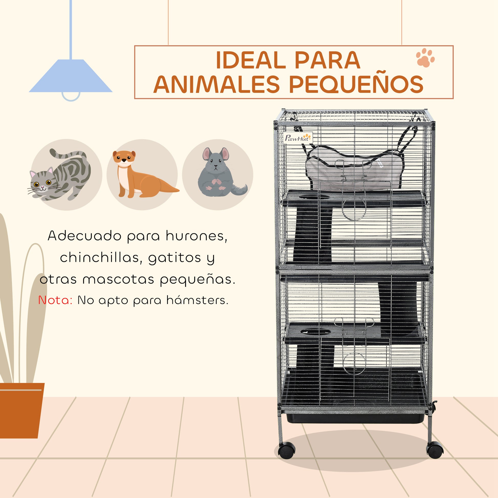 4-Level Small Animal Cage Pet Playpen with Wheels 2 Doors 3 Ramps Hanging Hammock and Removable Tray for Guinea Pigs 52x52x113.5 cm Gray Silver