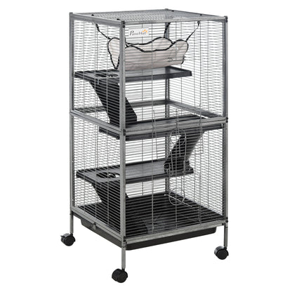 4-Level Small Animal Cage Pet Playpen with Wheels 2 Doors 3 Ramps Hanging Hammock and Removable Tray for Guinea Pigs 52x52x113.5 cm Gray Silver