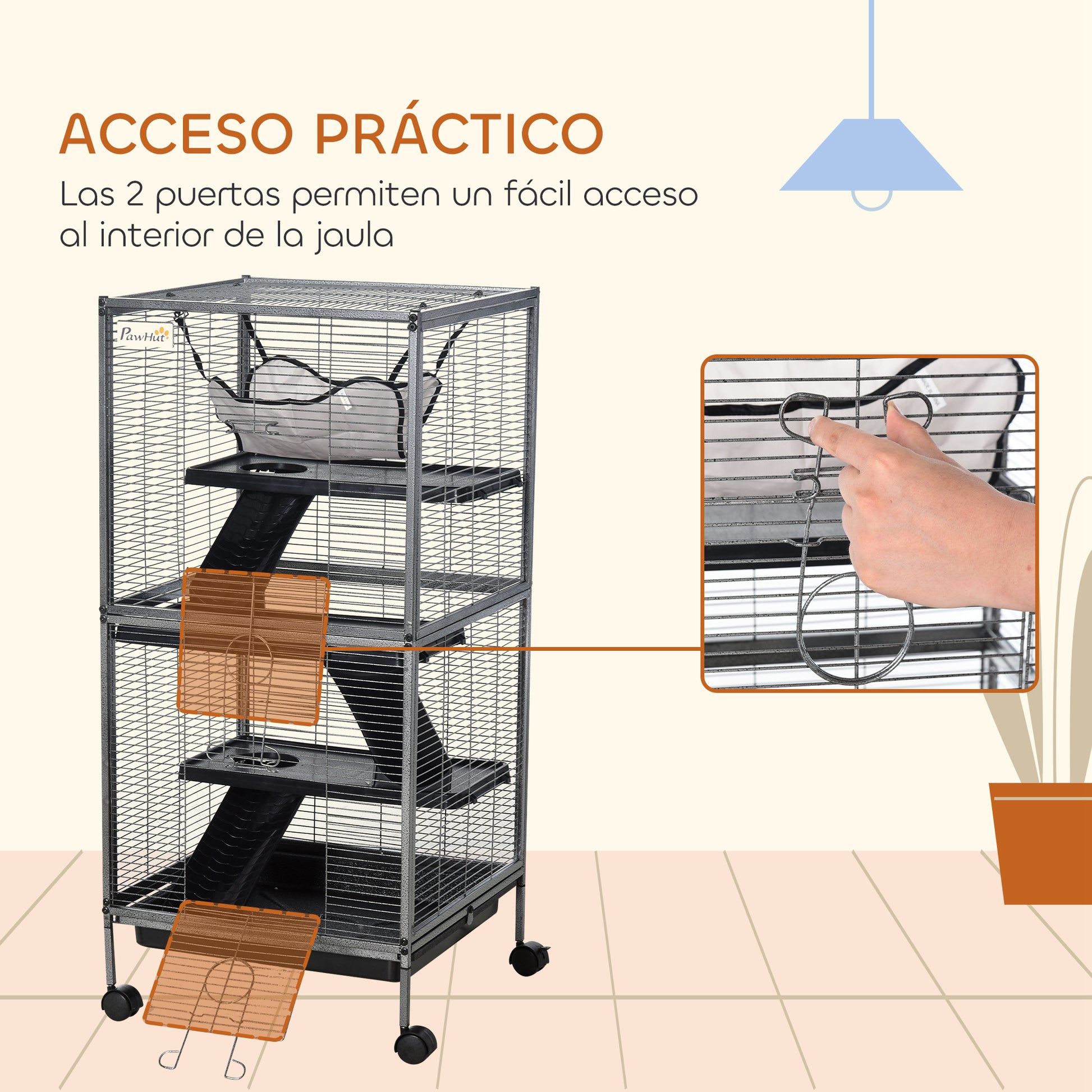 4-Level Small Animal Cage Pet Playpen with Wheels 2 Doors 3 Ramps Hanging Hammock and Removable Tray for Guinea Pigs 52x52x113.5 cm Gray Silver