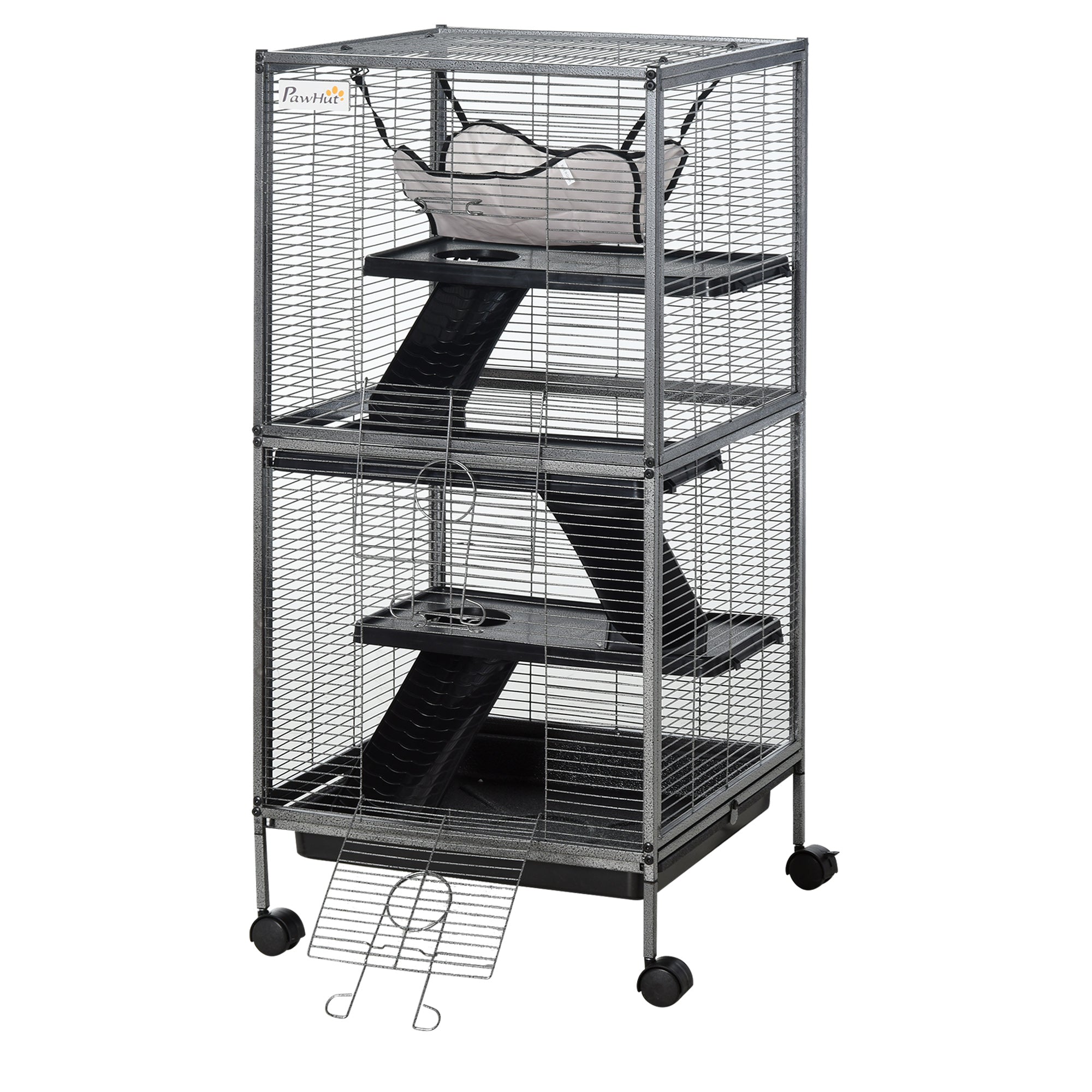 4-Level Small Animal Cage Pet Playpen with Wheels 2 Doors 3 Ramps Hanging Hammock and Removable Tray for Guinea Pigs 52x52x113.5 cm Gray Silver