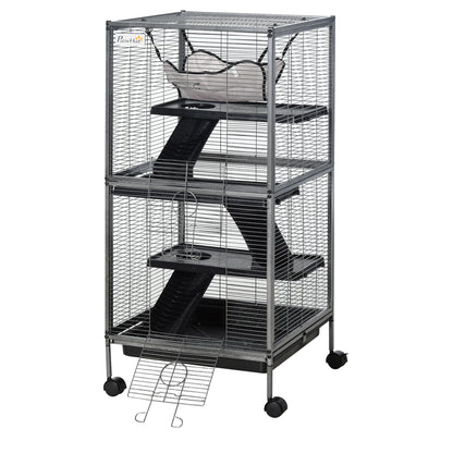 4-Level Small Animal Cage Pet Playpen with Wheels 2 Doors 3 Ramps Hanging Hammock and Removable Tray for Guinea Pigs 52x52x113.5 cm Gray Silver