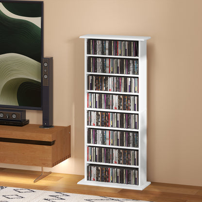 CD and DVD Storage, multimedia storage unit with 8 compartments and 6 adjustable shelves, max capacity 360 CDs/185 DVDs and Blu-rays, 58 x 24 x 124.5 cm, white