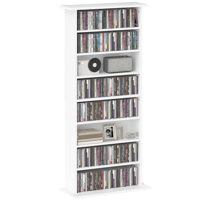 CD and DVD Storage, multimedia storage unit with 8 compartments and 6 adjustable shelves, max capacity 360 CDs/185 DVDs and Blu-rays, 58 x 24 x 124.5 cm, white