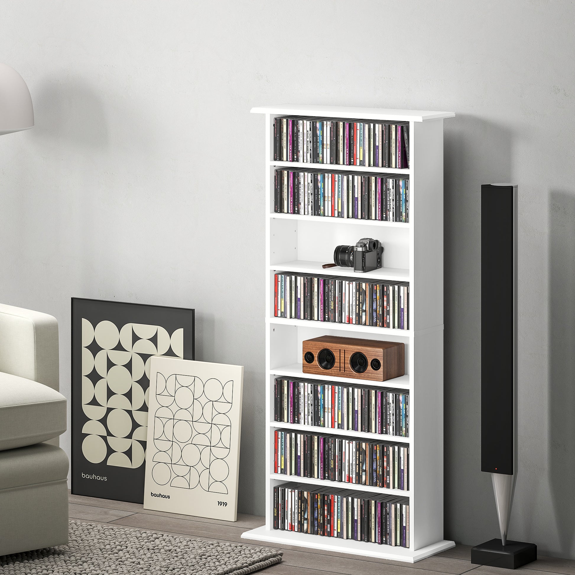 CD and DVD Storage, multimedia storage unit with 8 compartments and 6 adjustable shelves, max capacity 360 CDs/185 DVDs and Blu-rays, 58 x 24 x 124.5 cm, white
