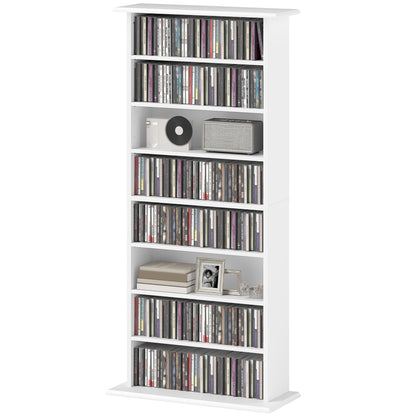 CD and DVD Storage, multimedia storage unit with 8 compartments and 6 adjustable shelves, max capacity 360 CDs/185 DVDs and Blu-rays, 58 x 24 x 124.5 cm, white