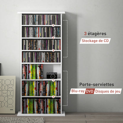 CD and DVD Storage, multimedia storage unit with 8 compartments and 6 adjustable shelves, max capacity 360 CDs/185 DVDs and Blu-rays, 58 x 24 x 124.5 cm, white