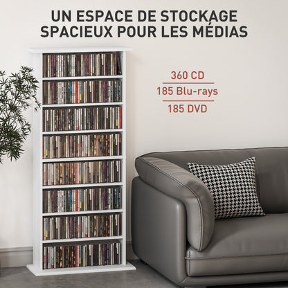 CD and DVD Storage, multimedia storage unit with 8 compartments and 6 adjustable shelves, max capacity 360 CDs/185 DVDs and Blu-rays, 58 x 24 x 124.5 cm, white