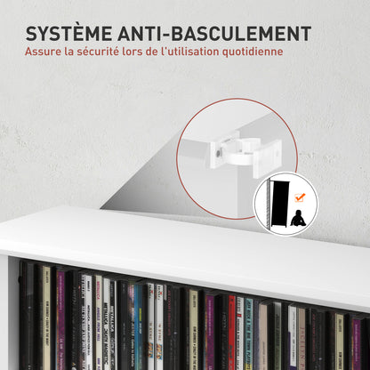 CD and DVD Storage, multimedia storage unit with 8 compartments and 6 adjustable shelves, max capacity 360 CDs/185 DVDs and Blu-rays, 58 x 24 x 124.5 cm, white