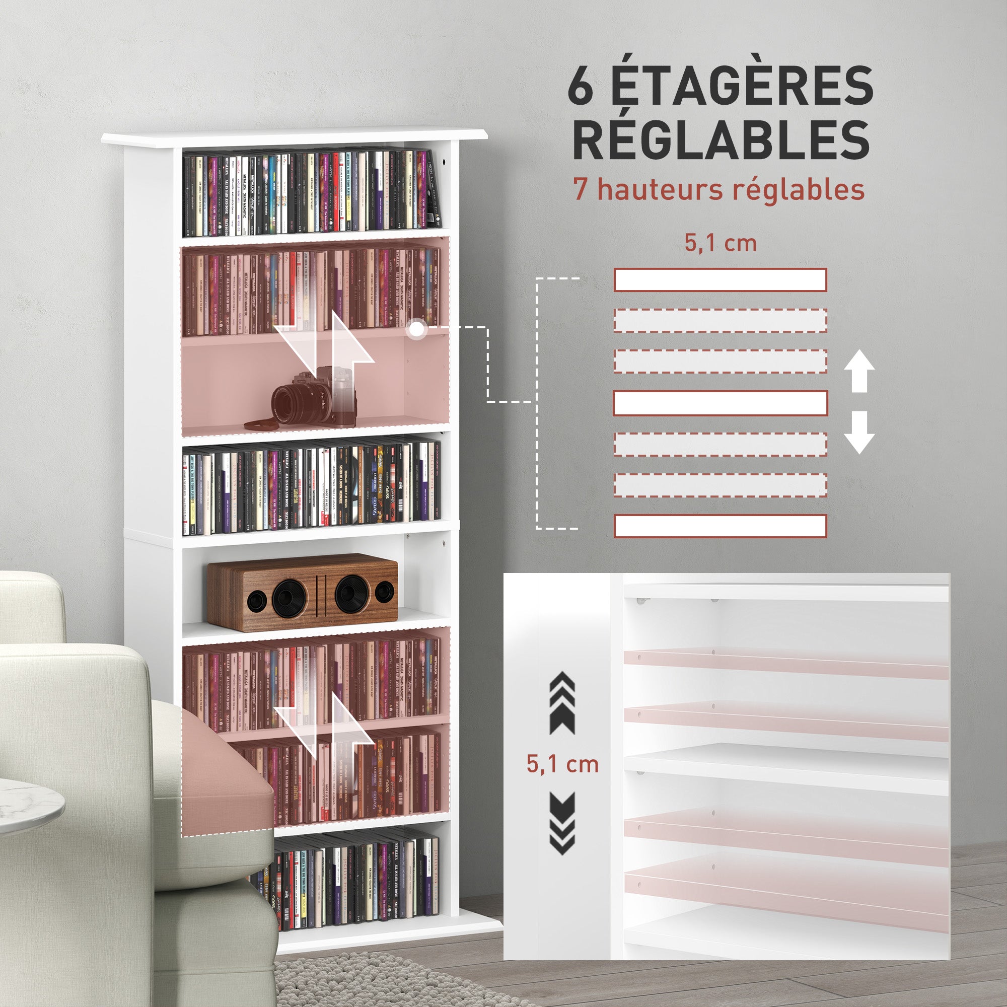 CD and DVD Storage, multimedia storage unit with 8 compartments and 6 adjustable shelves, max capacity 360 CDs/185 DVDs and Blu-rays, 58 x 24 x 124.5 cm, white
