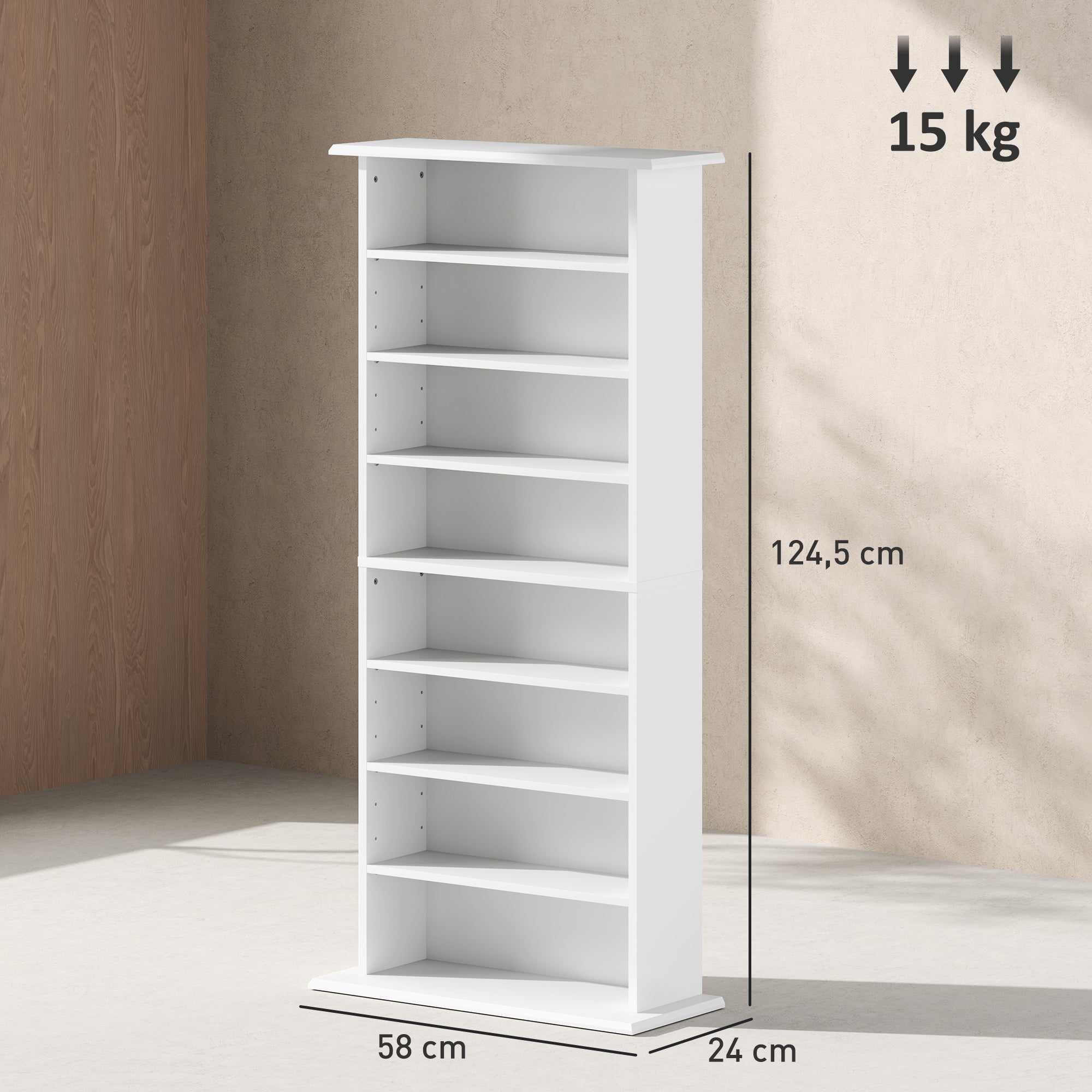 CD and DVD Storage, multimedia storage unit with 8 compartments and 6 adjustable shelves, max capacity 360 CDs/185 DVDs and Blu-rays, 58 x 24 x 124.5 cm, white