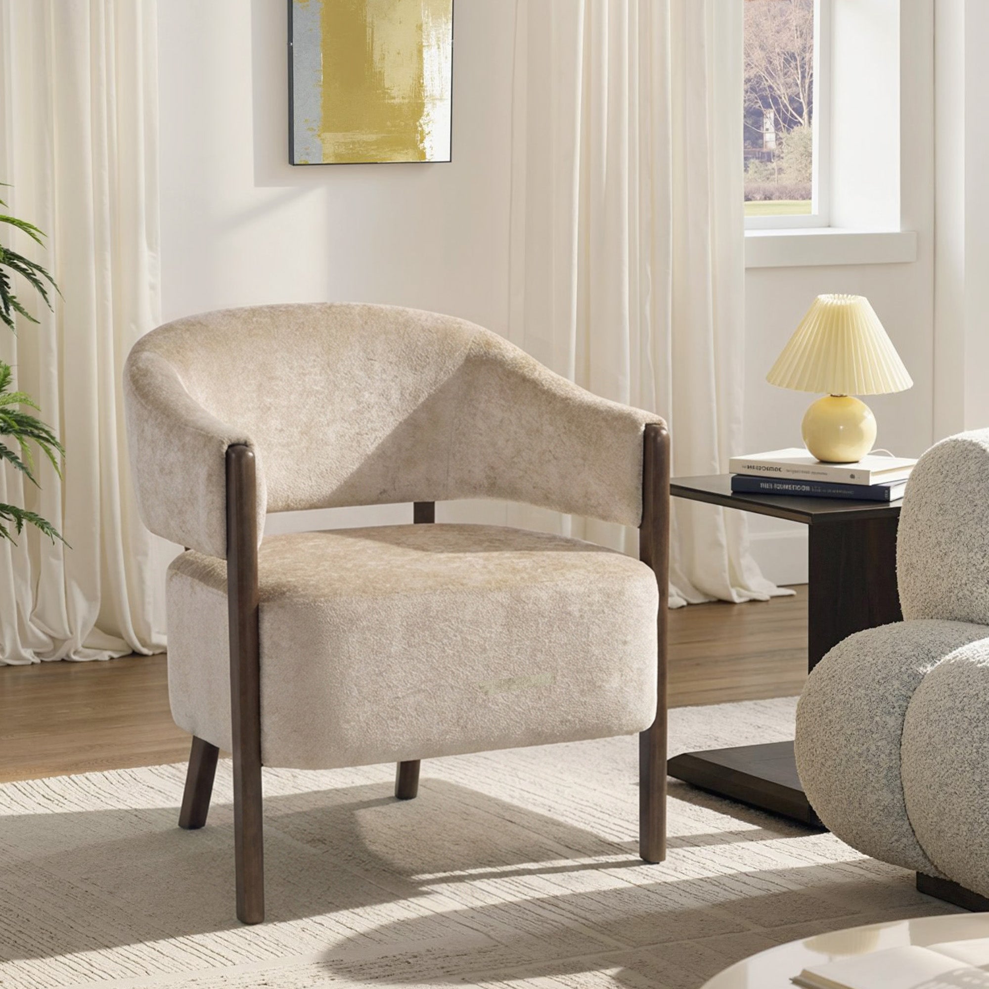 Chenille-Style Lounge Armchair with Wooden Legs, Modern Upholstered Accent Chair for Living Room & Bedroom, Beige
