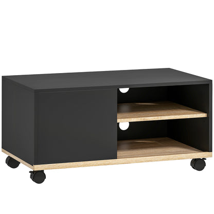 TV Stand on Wheels with 2 Brakes - 2 Compartments + Cupboard Door 2 Cable Management Holes - Black Light Oak Wood