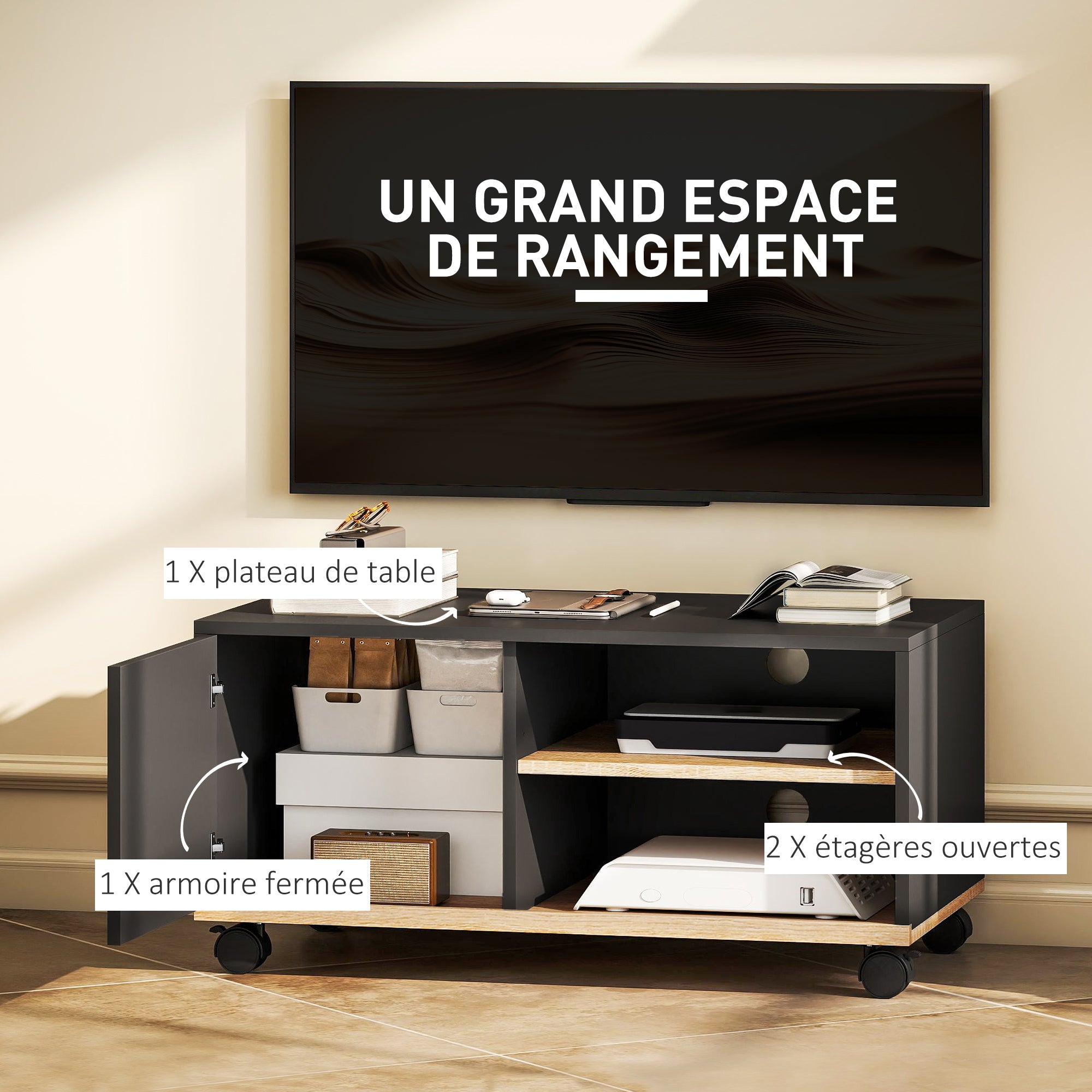 TV Stand on Wheels with 2 Brakes - 2 Compartments + Cupboard Door 2 Cable Management Holes - Black Light Oak Wood