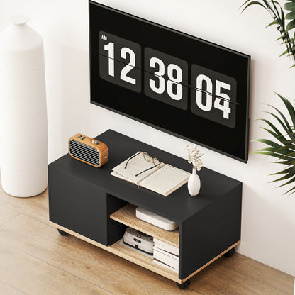 TV Stand on Wheels with 2 Brakes - 2 Compartments + Cupboard Door 2 Cable Management Holes - Black Light Oak Wood