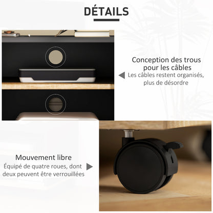 TV Stand on Wheels with 2 Brakes - 2 Compartments + Cupboard Door 2 Cable Management Holes - Black Light Oak Wood