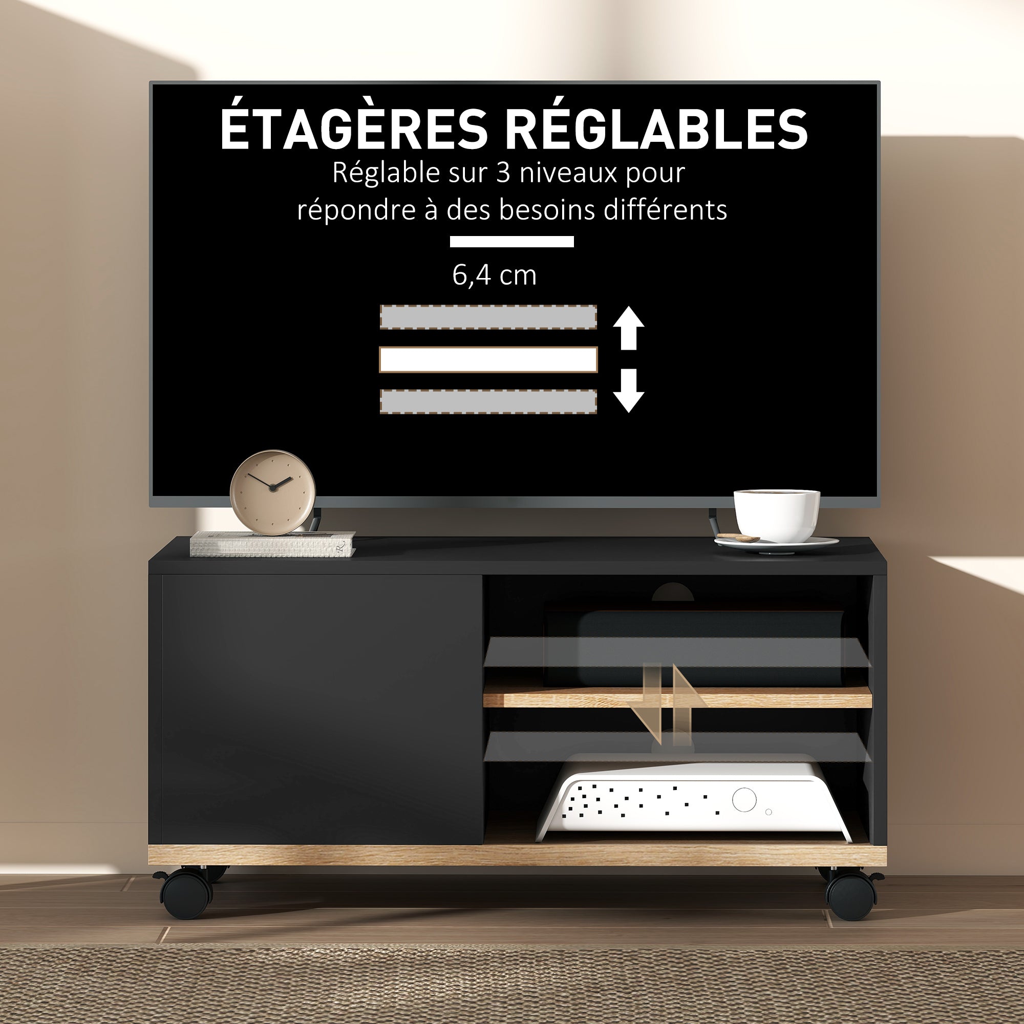 TV Stand on Wheels with 2 Brakes - 2 Compartments + Cupboard Door 2 Cable Management Holes - Black Light Oak Wood