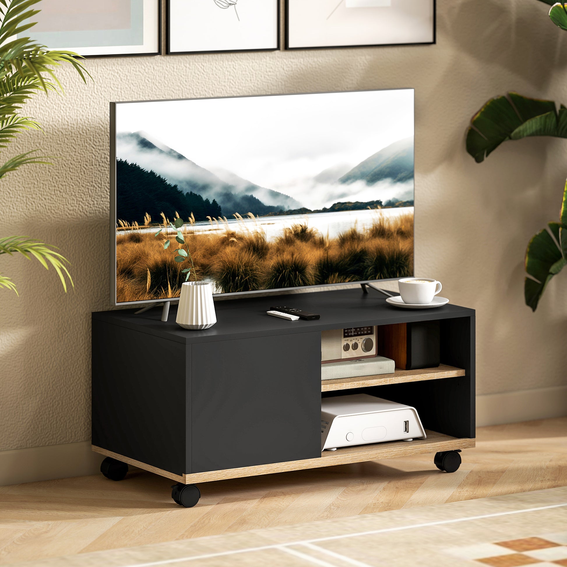 TV Stand on Wheels with 2 Brakes - 2 Compartments + Cupboard Door 2 Cable Management Holes - Black Light Oak Wood