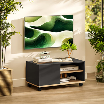 TV Stand on Wheels with 2 Brakes - 2 Compartments + Cupboard Door 2 Cable Management Holes - Black Light Oak Wood