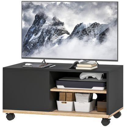 TV Stand on Wheels with 2 Brakes - 2 Compartments + Cupboard Door 2 Cable Management Holes - Black Light Oak Wood