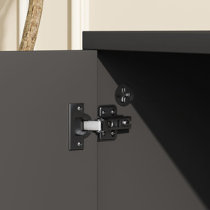 TV Stand on Wheels with 2 Brakes - 2 Compartments + Cupboard Door 2 Cable Management Holes - Black Light Oak Wood