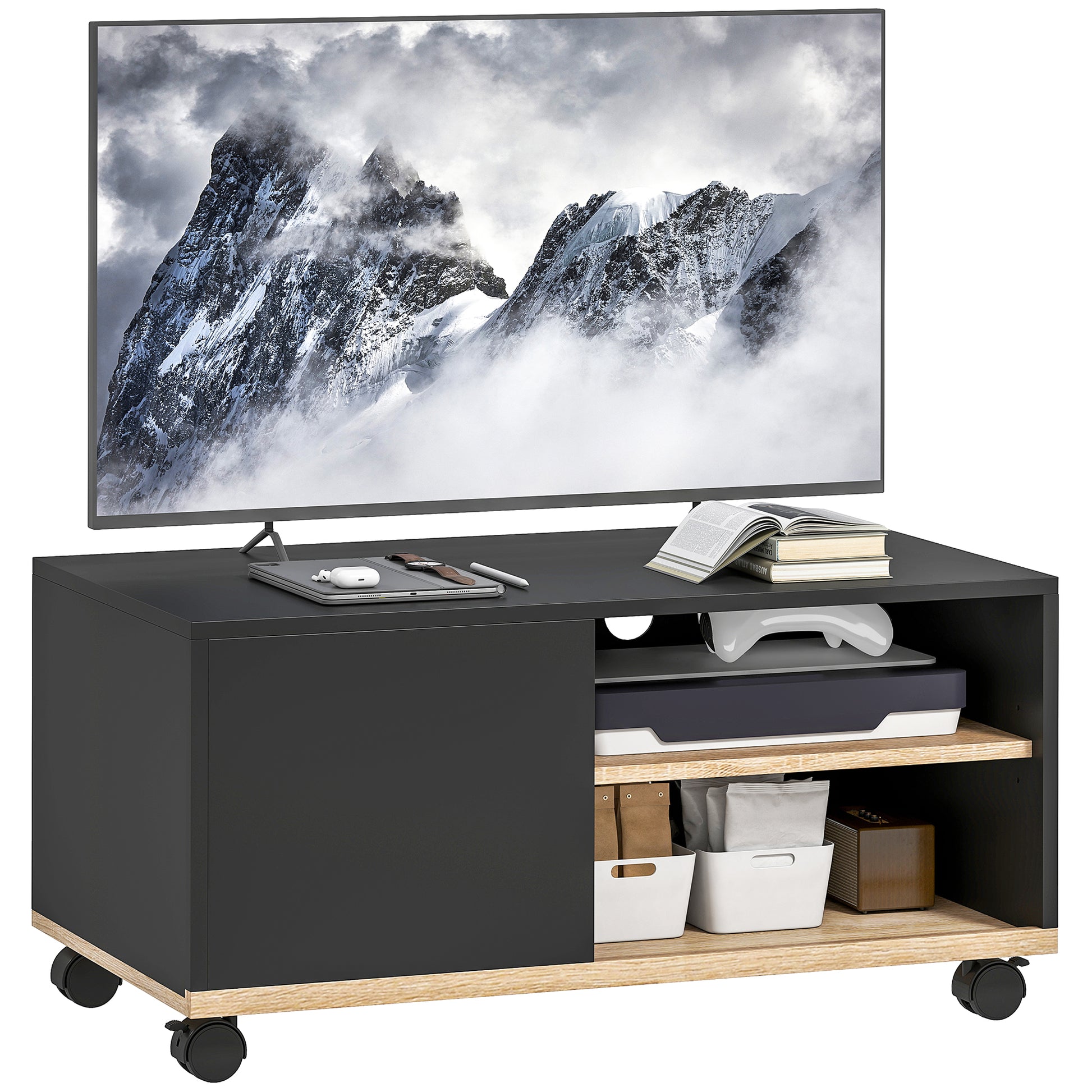 TV Stand on Wheels with 2 Brakes - 2 Compartments + Cupboard Door 2 Cable Management Holes - Black Light Oak Wood