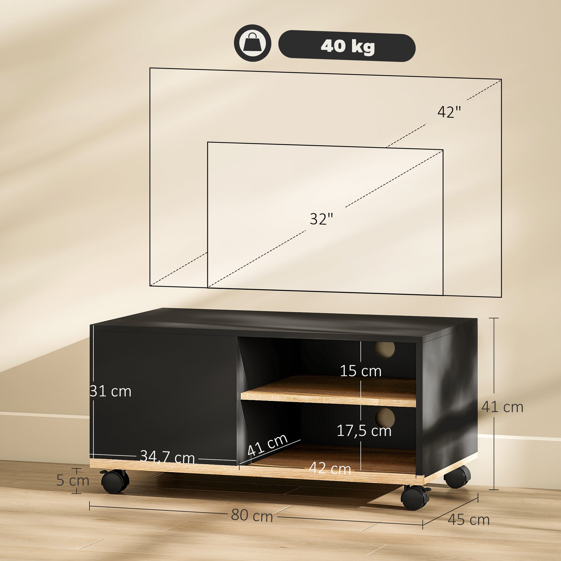 TV Stand on Wheels with 2 Brakes - 2 Compartments + Cupboard Door 2 Cable Management Holes - Black Light Oak Wood