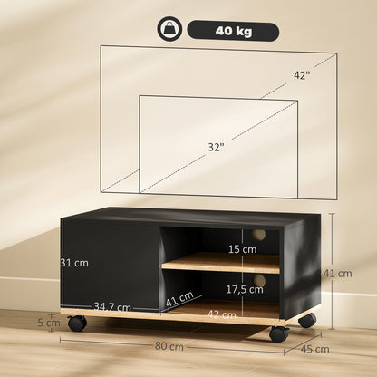 TV Stand on Wheels with 2 Brakes - 2 Compartments + Cupboard Door 2 Cable Management Holes - Black Light Oak Wood