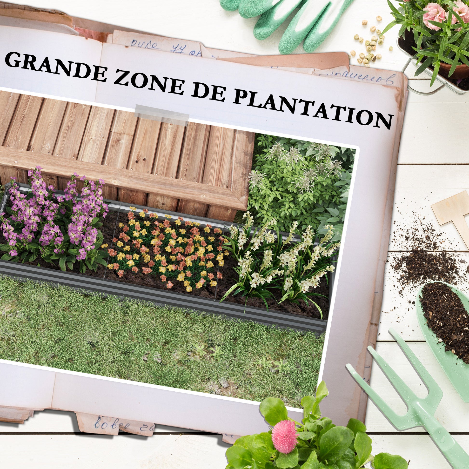 Rectangular raised garden bed, galvanized steel planter, open bottom, planter with protective corners, 240 x 60 x 30 cm, dark gray