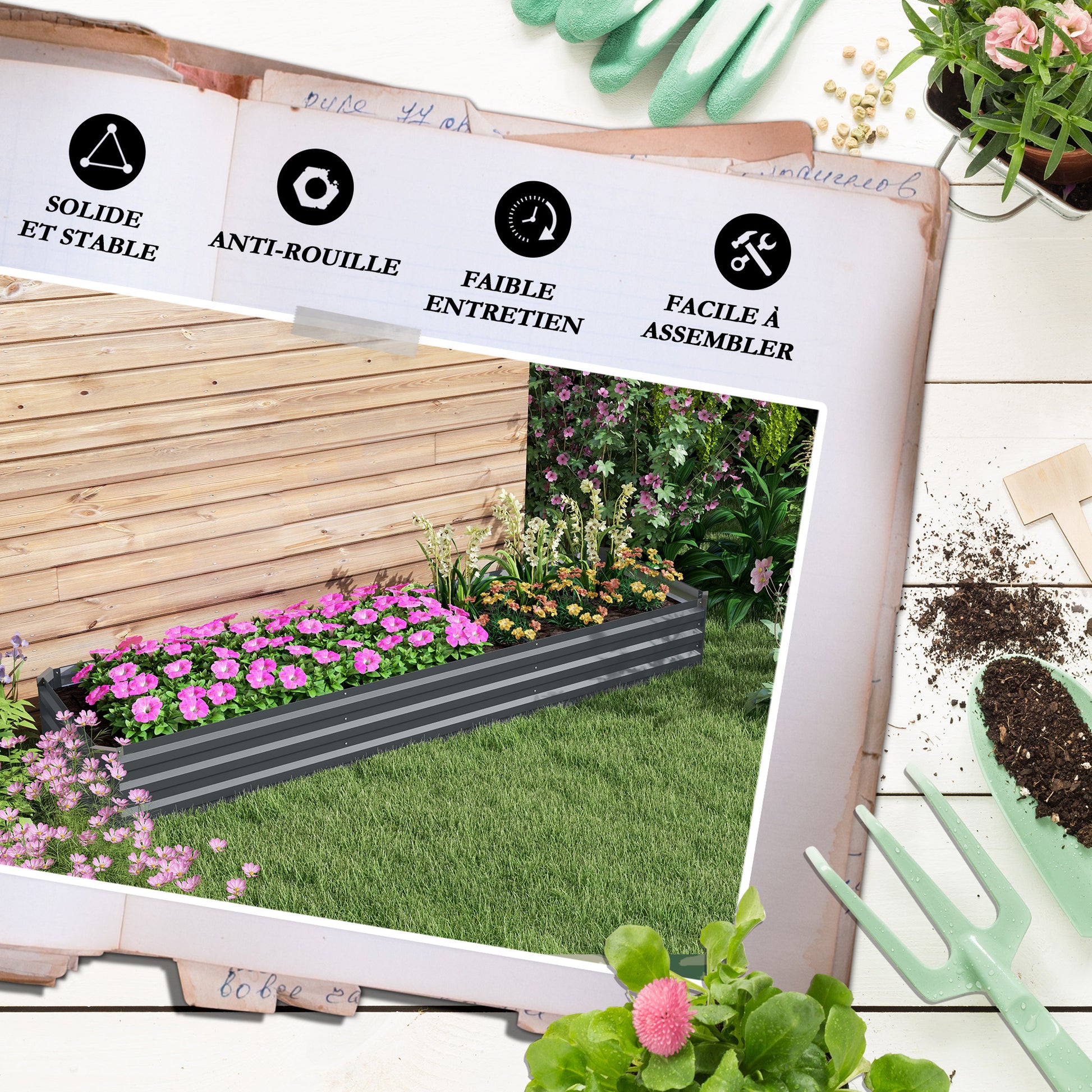 Rectangular raised garden bed, galvanized steel planter, open bottom, planter with protective corners, 240 x 60 x 30 cm, dark gray