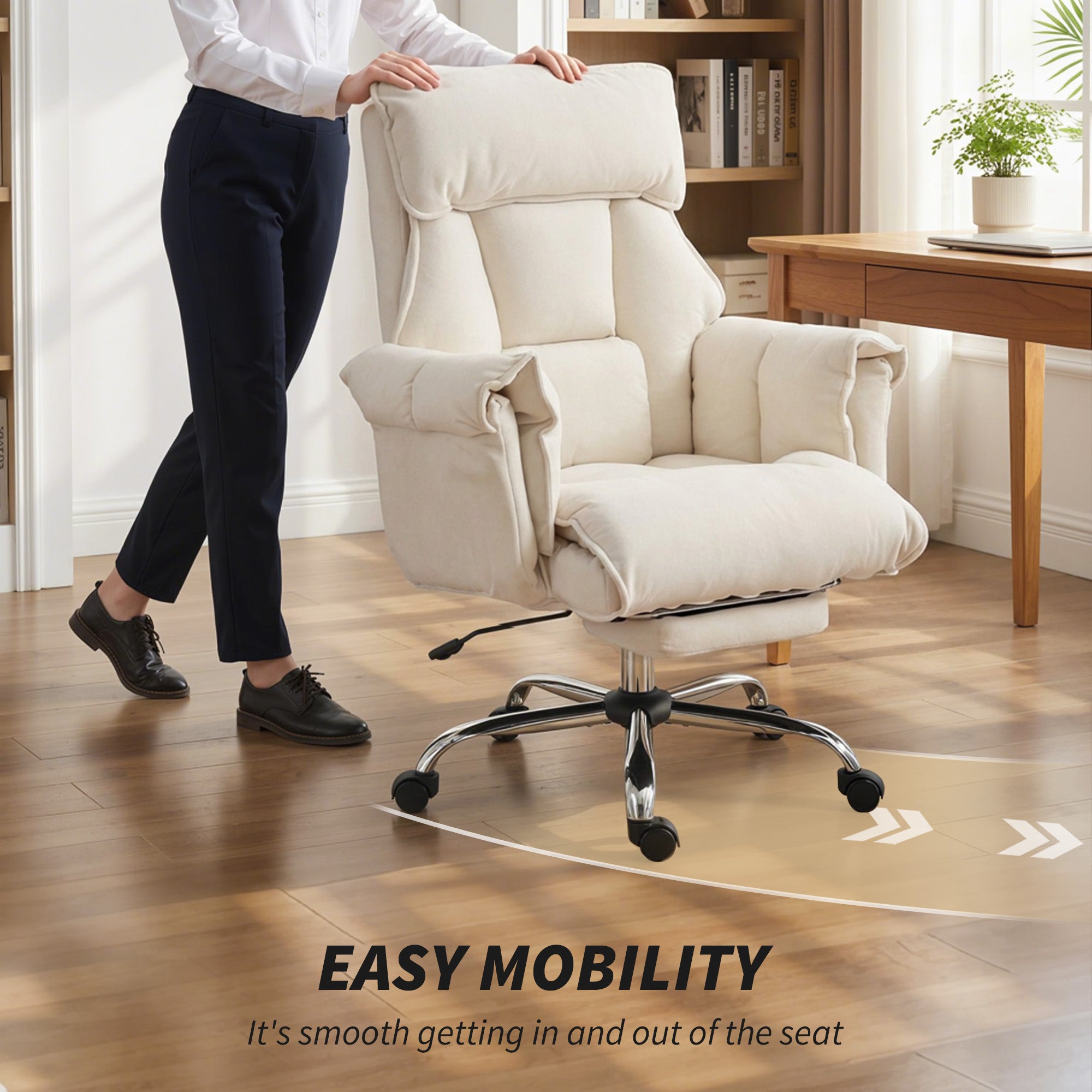 Swivel Office Chair with Lumbar Support, Armrests & Extendable Footrest — Snow-Flannel Padded, Height Adjustable, Cream