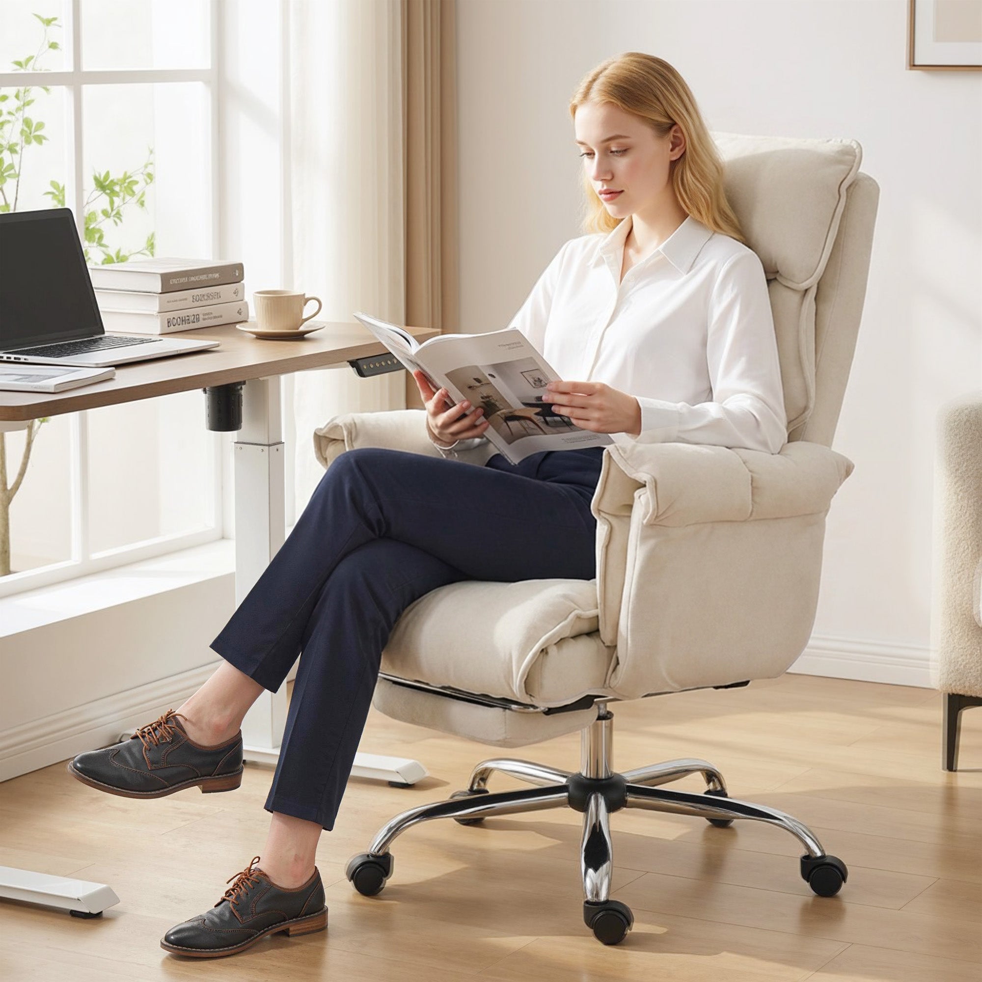 Swivel Office Chair with Lumbar Support, Armrests & Extendable Footrest — Snow-Flannel Padded, Height Adjustable, Cream
