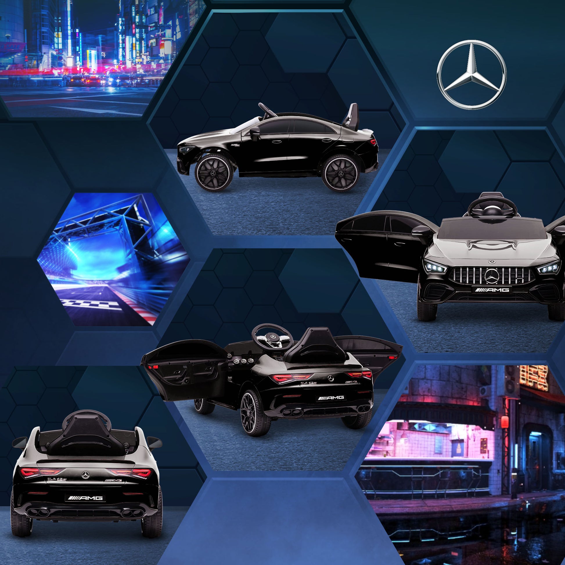 Children's Electric Car Mercedes-benz AMG CLA 45, 12V Kids Car with 2.4GHz Remote Control, Music, Electric Vehicle with Light, USB/MP3 Connection, Kids Vehicle with Horn, for 3-6 Years, Black