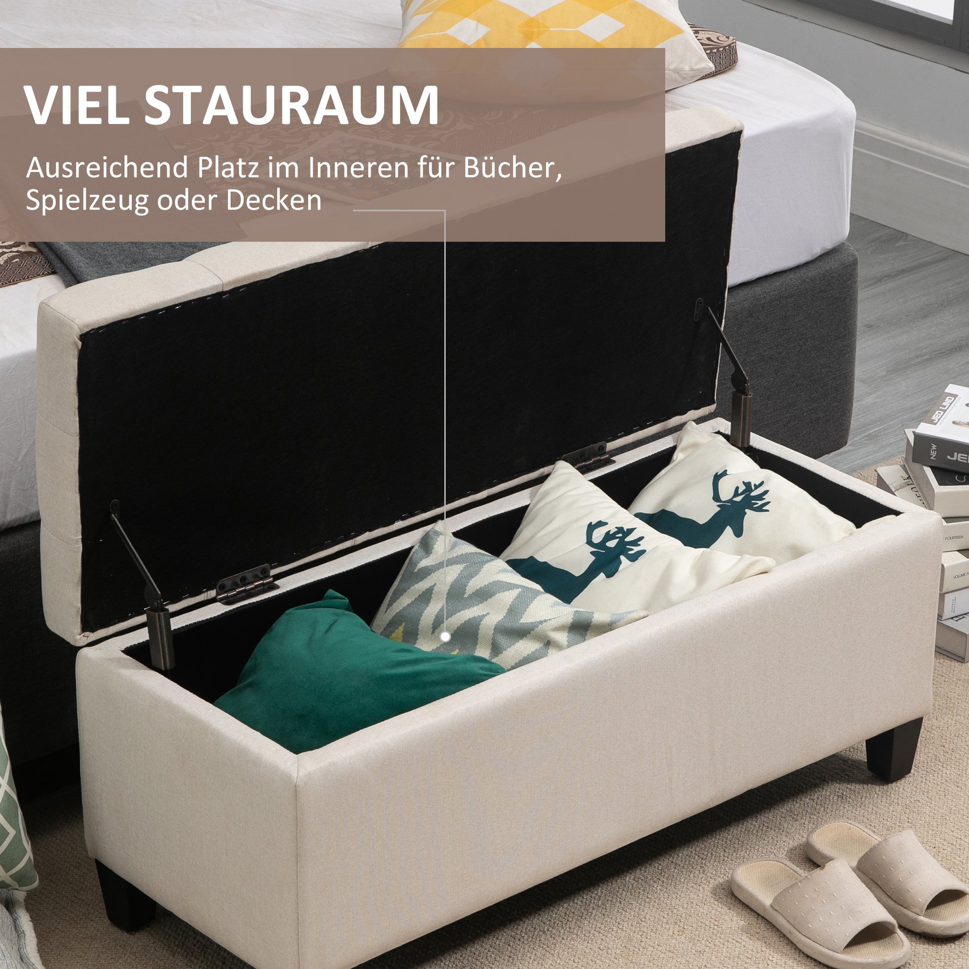 Bench Upholstered Bench with Storage Bench Hallway Bedroom Living Room Linen-like Polyester Rubberwood Cream White 100 x 40 x 44 cm