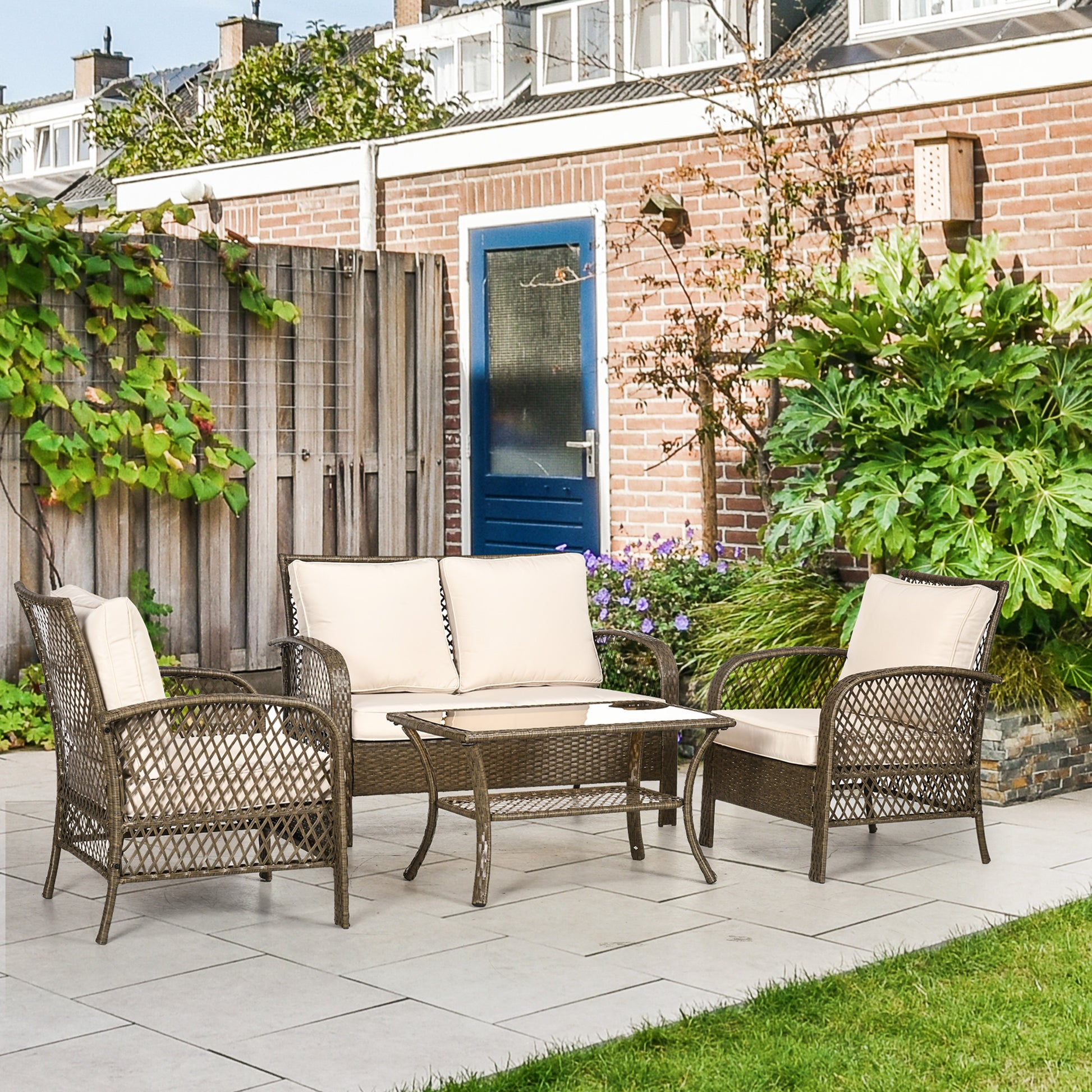4-Seater Colonial Style Garden Furniture Set with Coffee Table Beige Cushions Included Light Brown Woven Resin