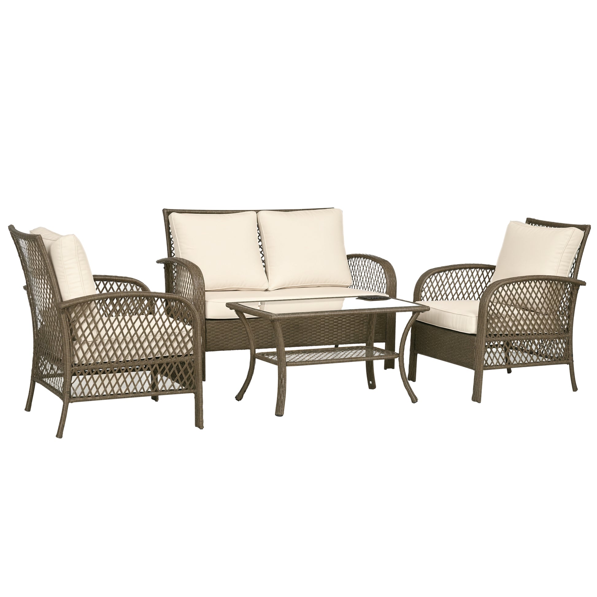4-Seater Colonial Style Garden Furniture Set with Coffee Table Beige Cushions Included Light Brown Woven Resin