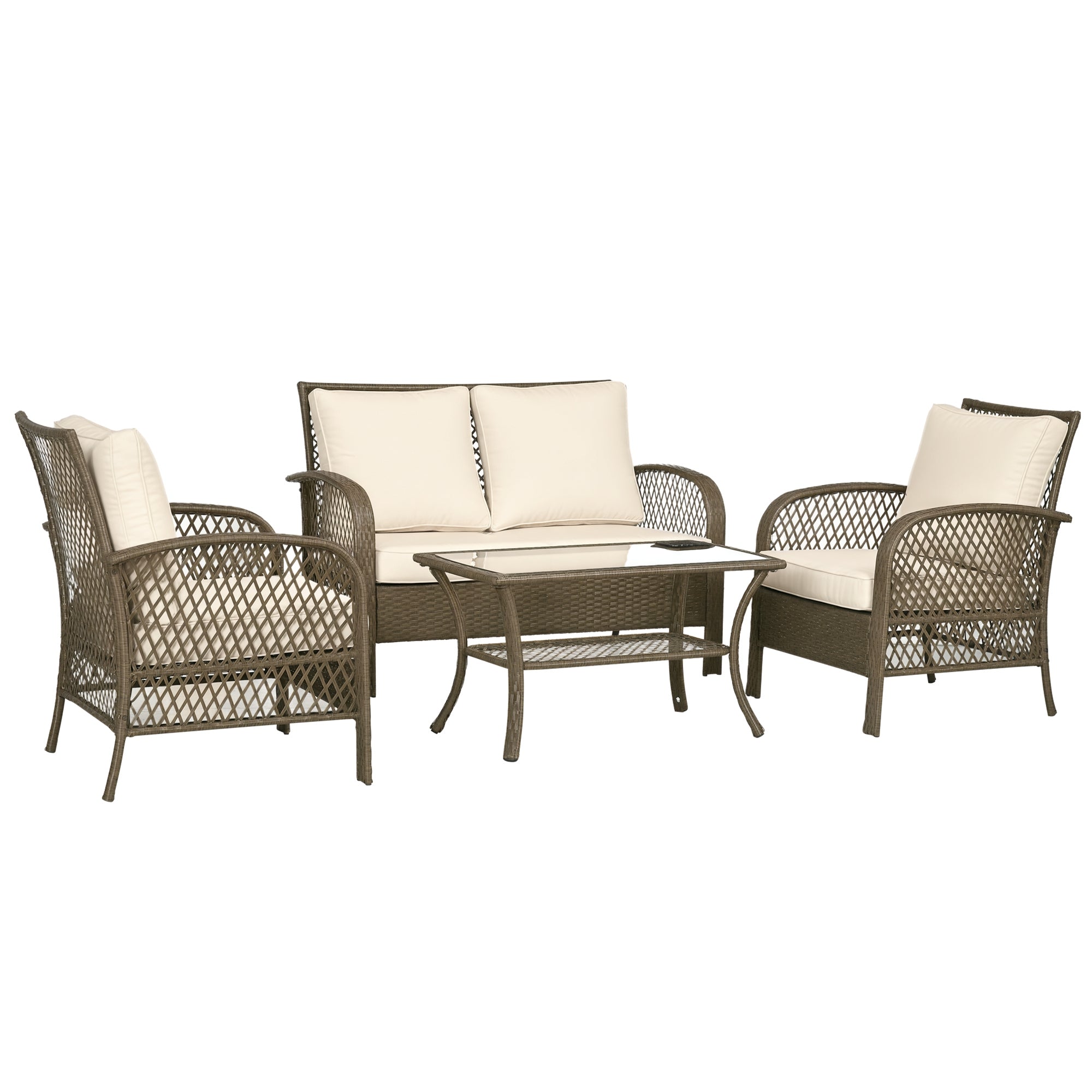 4-Seater Colonial Style Garden Furniture Set with Coffee Table Beige Cushions Included Light Brown Woven Resin