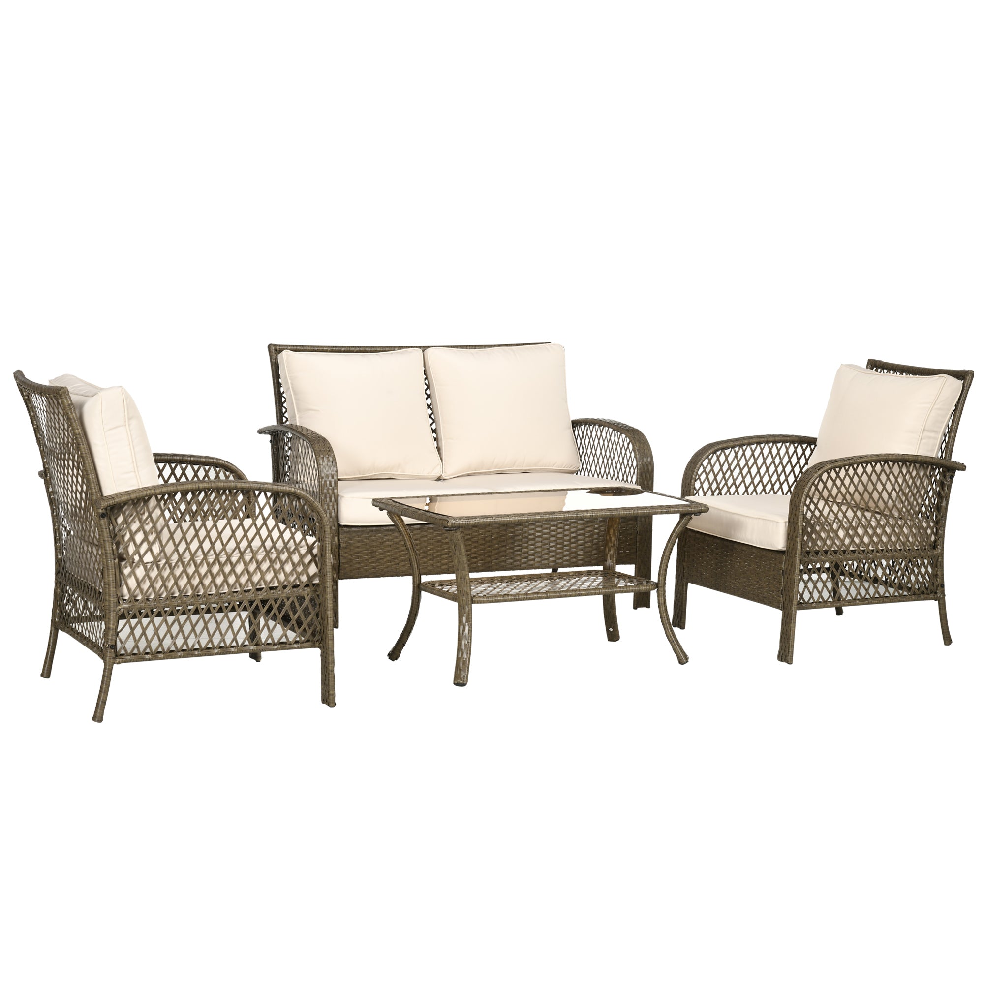 4-Seater Colonial Style Garden Furniture Set with Coffee Table Beige Cushions Included Light Brown Woven Resin
