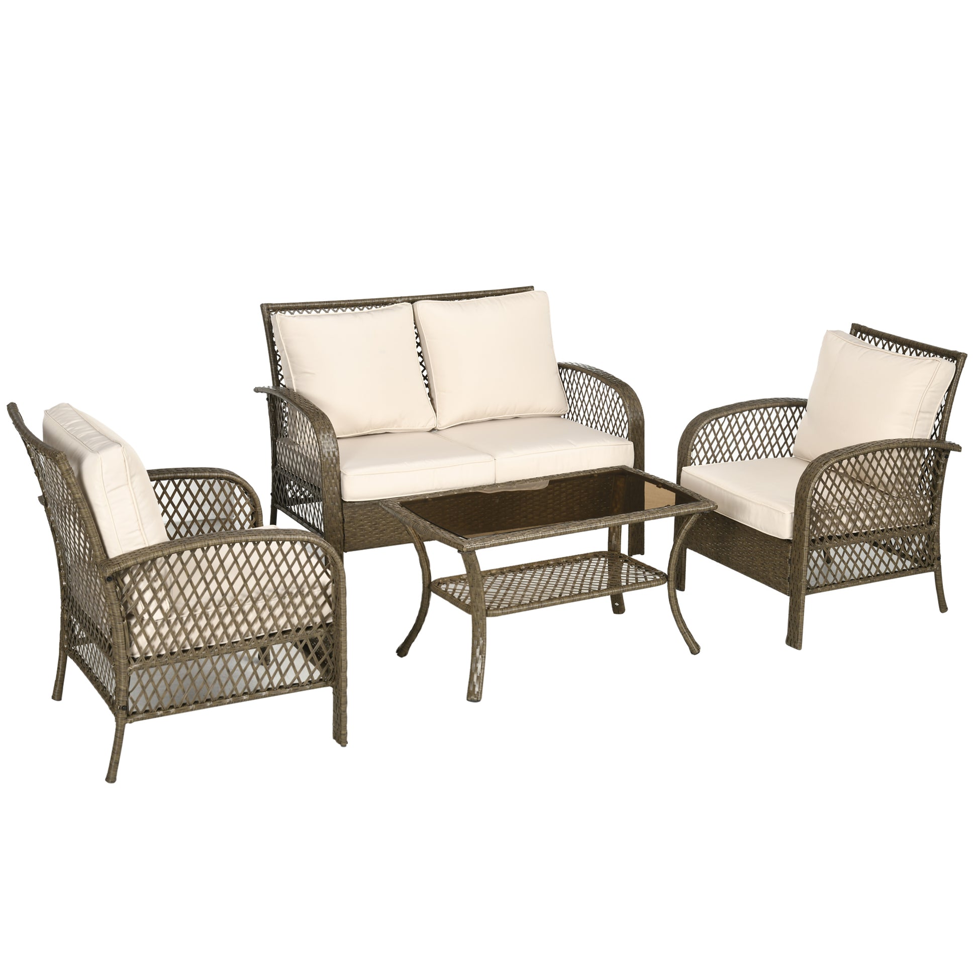 4-Seater Colonial Style Garden Furniture Set with Coffee Table Beige Cushions Included Light Brown Woven Resin