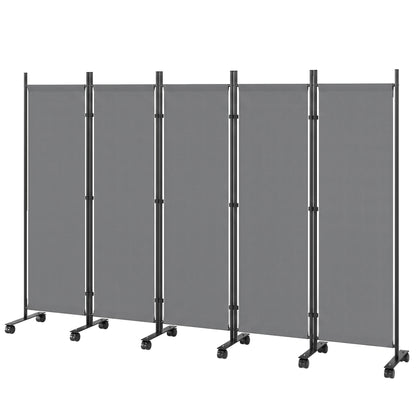 5-Panel Room Divider 99 x 16 x 67 in — Freestanding Folding Privacy Screen with 12 Wheels, Metal Frame, Water-Resistant Polyester, Dark Gray (Indoor/Covered Outdoor)