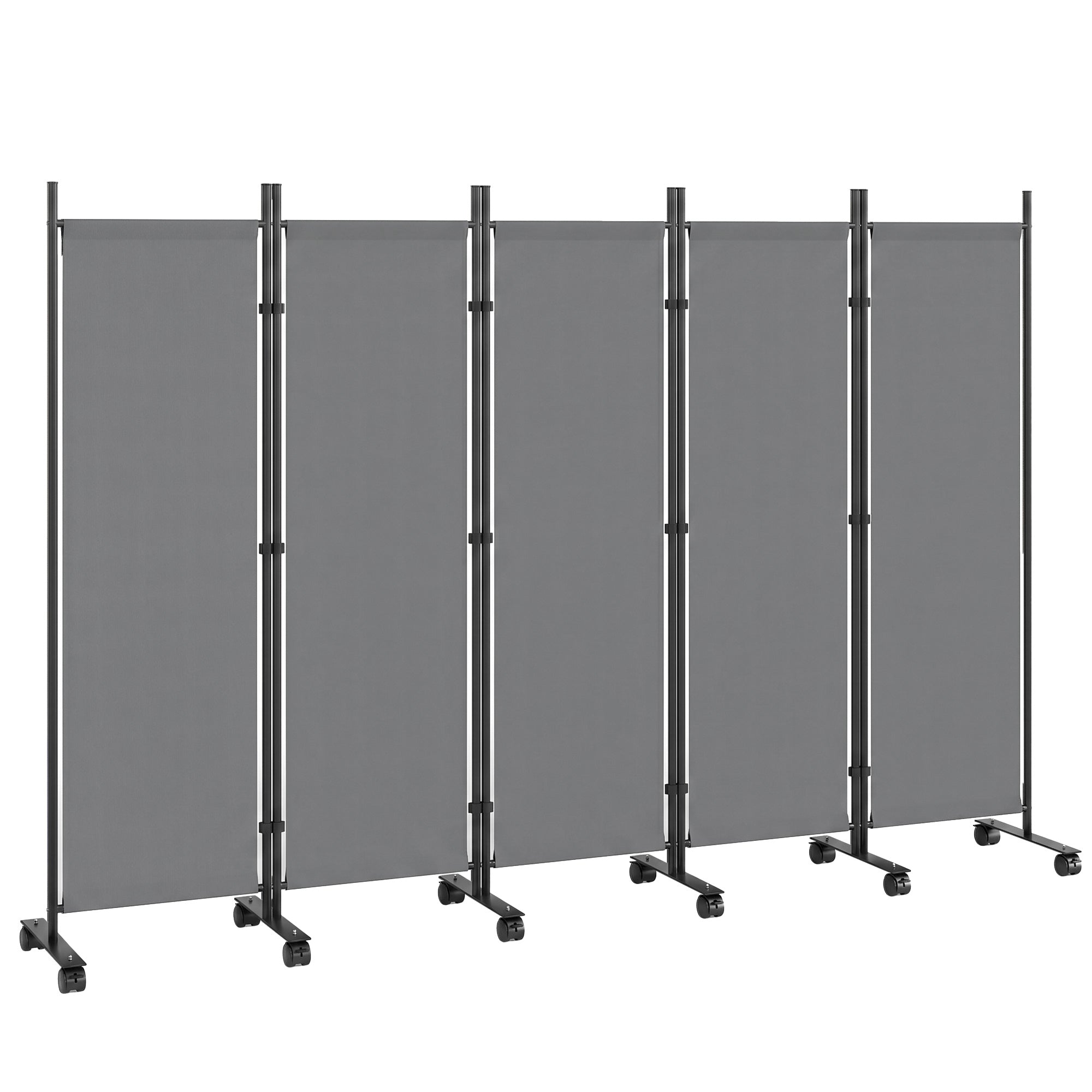 5-Panel Room Divider 99 x 16 x 67 in — Freestanding Folding Privacy Screen with 12 Wheels, Metal Frame, Water-Resistant Polyester, Dark Gray (Indoor/Covered Outdoor)