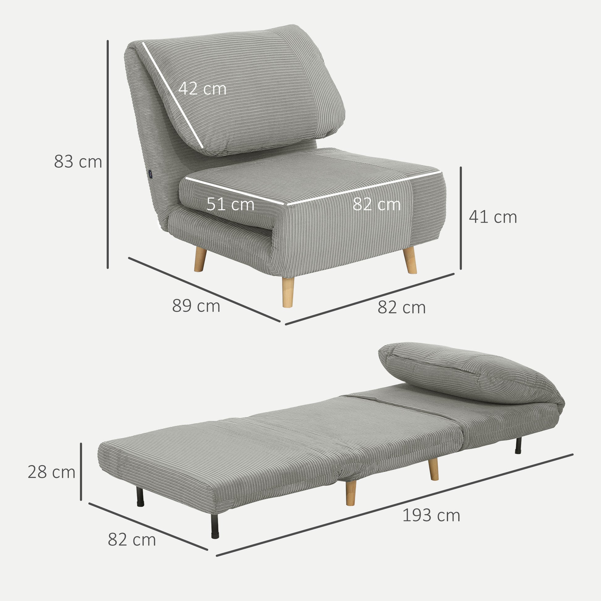 2-in-1 Sleeper Sofa Sleeper Chair Adjustable Folding Mattress Guest Bed in Corduroy Look, for Bedroom, Living Room Gray 82 x 89 x 83 cm