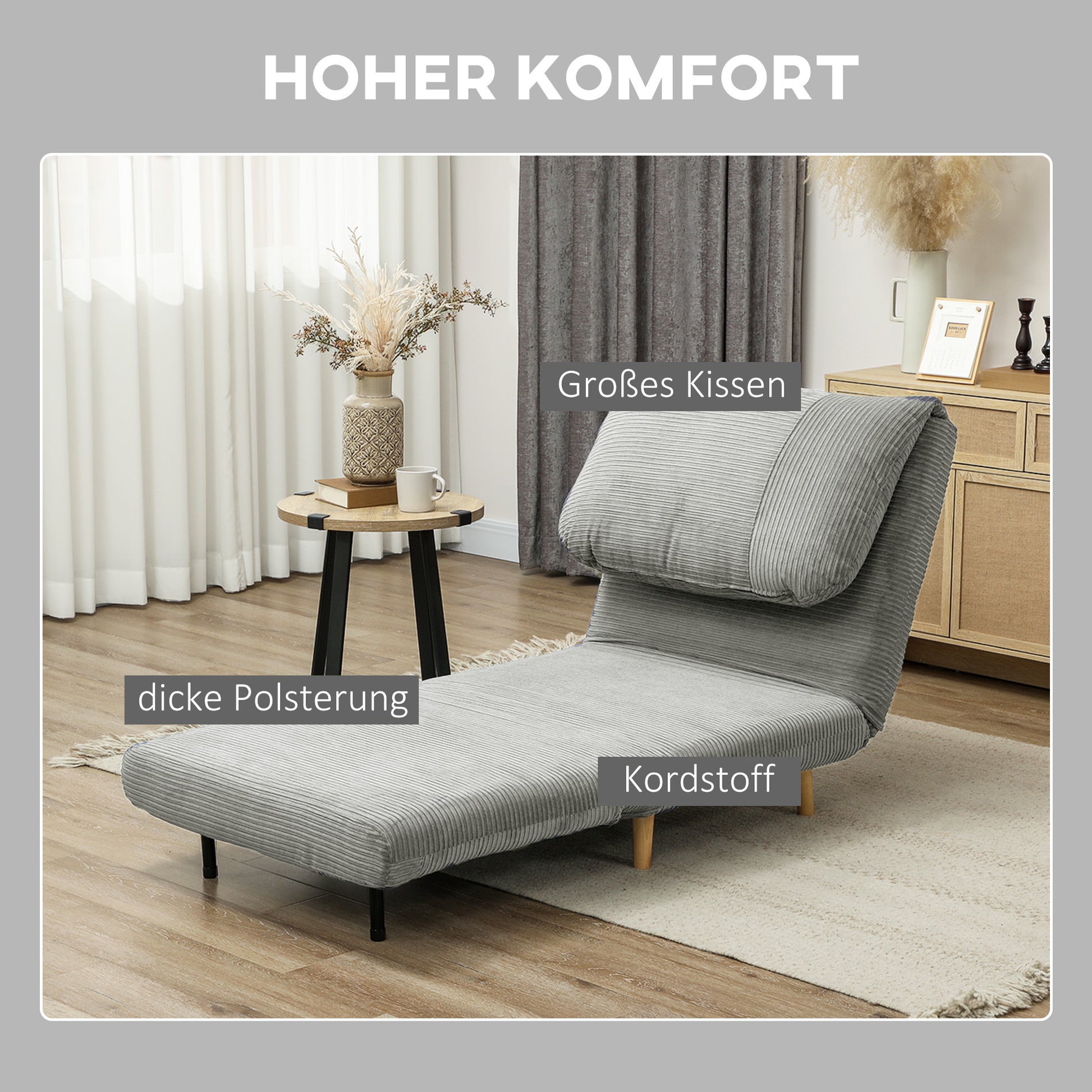 2-in-1 Sleeper Sofa Sleeper Chair Adjustable Folding Mattress Guest Bed in Corduroy Look, for Bedroom, Living Room Gray 82 x 89 x 83 cm