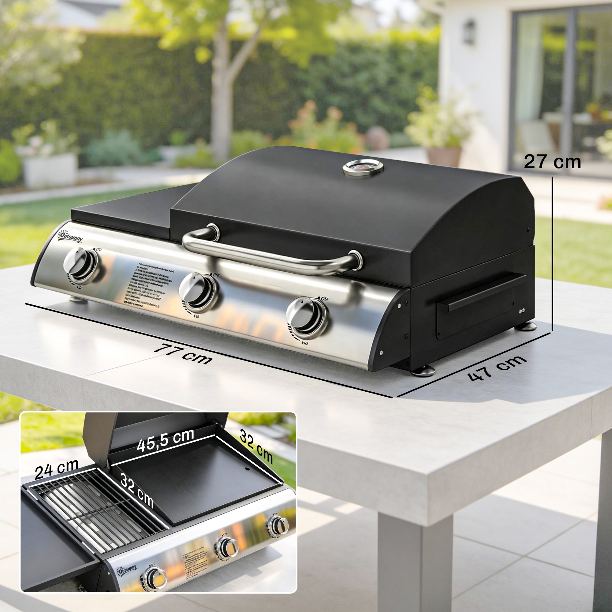 7.5 kW Portable Tabletop Gas Grill — 3 Burners, Griddle, Side Shelf, Enamel Grates, Removable Grease Tray & Thermometer — Ideal for Garden, Balcony & Picnics